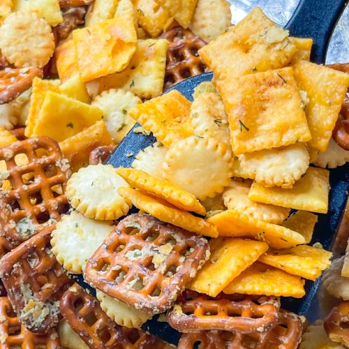 Cheez-it snack mix made with a combination of Parmesan and Cheddar Cheez-Its, oyster crackers, square pretzel snaps tossed in a buttery ranch and dill seasoning and baked to perfection. Perfect for a party!