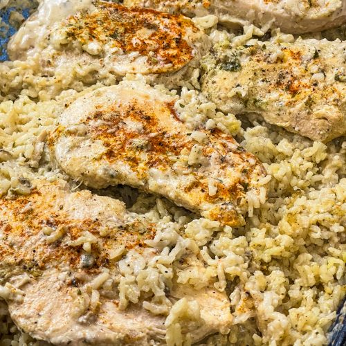 an easy, family friendly weeknight casserole of creamy rice and juicy chicken. This will be your new go-to dinner!