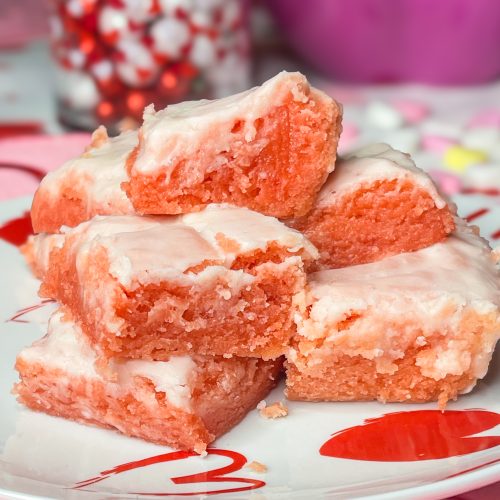 easy and delicious three ingredient strawberry cake mix strawberry brownies, perfect for Valentine's Day!