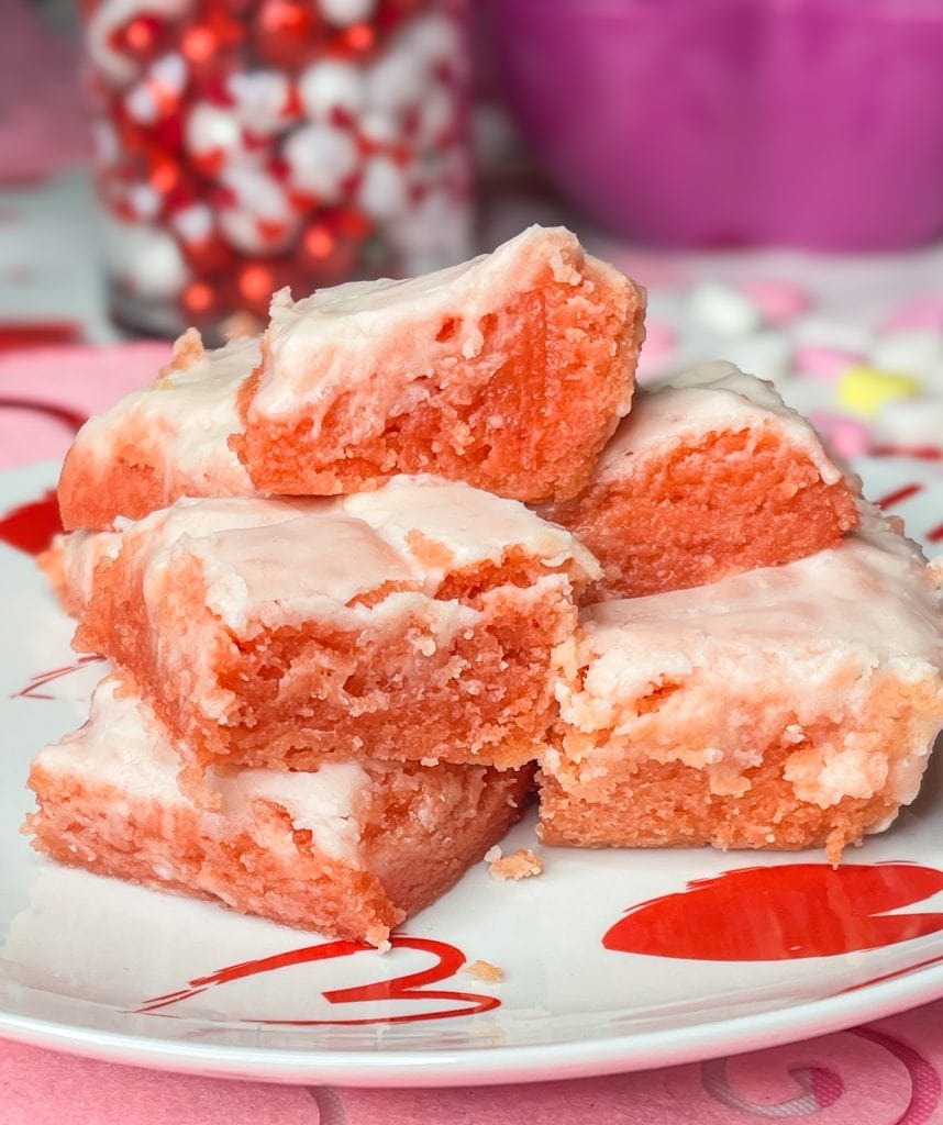 easy and delicious three ingredient strawberry cake mix strawberry brownies, perfect for Valentine's Day!