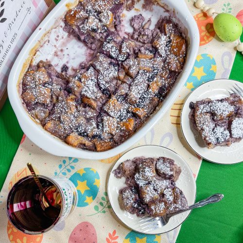 This Overnight Blueberry French Toast Casserole is perfect for any holiday morning, brunch or a lazy weekend. Throw everything in to a casserole dish the night before and let all the yumminess soak in to the brioche bread before popping it into the oven for the easiest breakfast ever!