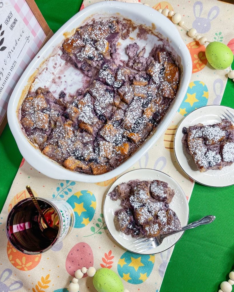 This Overnight Blueberry French Toast Casserole is perfect for any holiday morning, brunch or a lazy weekend. Throw everything in to a casserole dish the night before and let all the yumminess soak in to the brioche bread before popping it into the oven for the easiest breakfast ever!