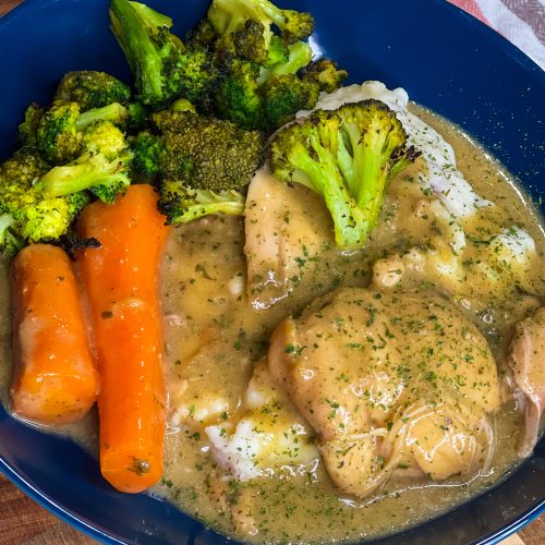 Slow Cooker Chicken and Gravy is the perfect weeknight dinner. It's just three main ingredients, so you can set it and let the crock pot work its magic for a savory dinner time hit. We love to serve chicken and gravy over a heaping pile of fluffy mashed potatoes.