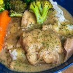 Slow Cooker Chicken and Gravy is the perfect weeknight dinner. It's just three main ingredients, so you can set it and let the crock pot work its magic for a savory dinner time hit. We love to serve chicken and gravy over a heaping pile of fluffy mashed potatoes.