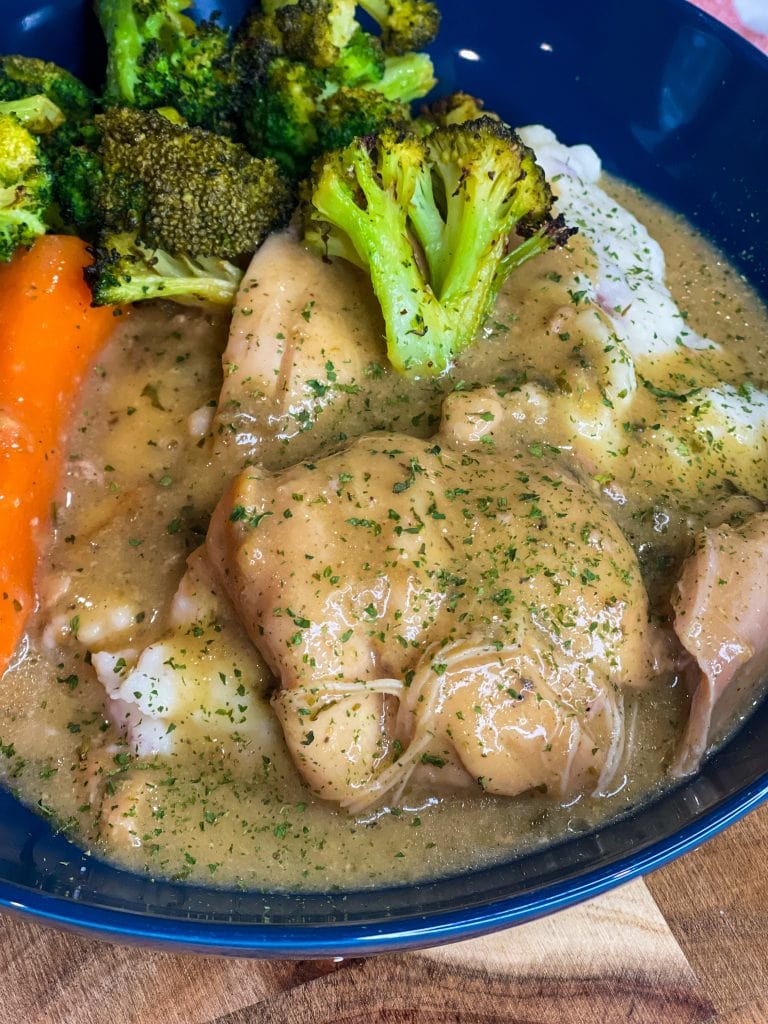 Slow Cooker Chicken and Gravy is the perfect weeknight dinner. It's just three main ingredients, so you can set it and let the crock pot work its magic for a savory dinner time hit. We love to serve chicken and gravy over a heaping pile of fluffy mashed potatoes.