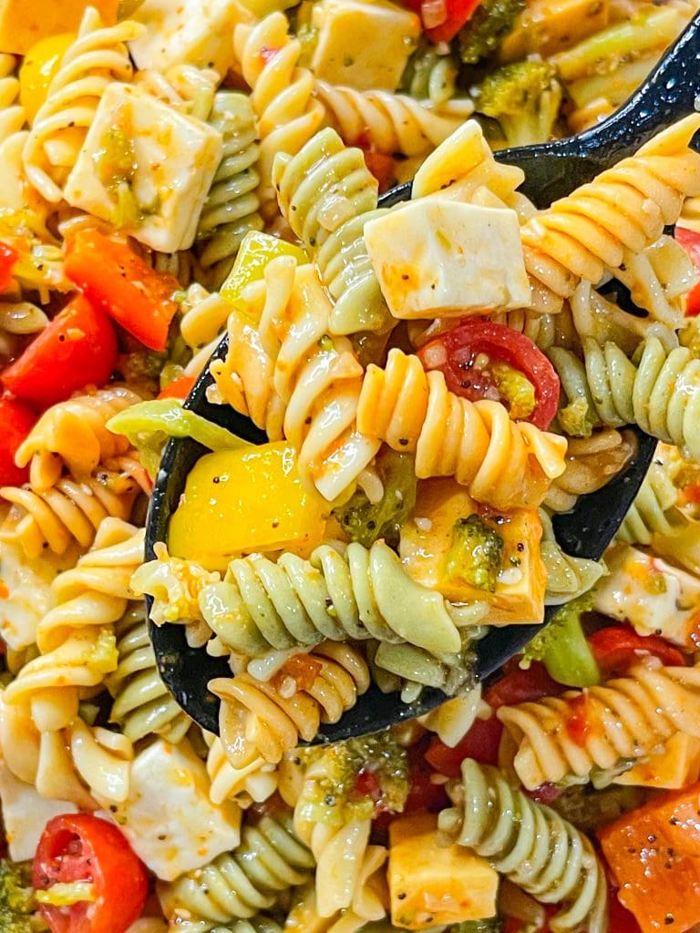 This pasta salad is a combination of rotini pasta, chunky cheeses, veggies zesty Italian dressing and seasoning is just amazing! Great for any get-together or summer picnic.