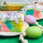 This colorful Easter Poke Cake is sure to delight on your Easter table! This cake is so easy to prepare but looks like an absolute show stopper. All you need is a box of cake mix, food coloring, pudding mix and cool whip for the brightest dessert to WOW your guests.