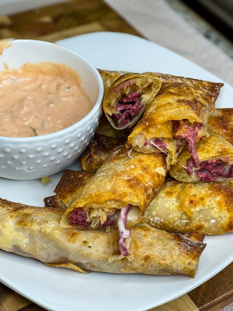 The classic sandwich, rolled up in a crispy and delicious shell. You'll love these Air Fryer Rueben Egg Rolls!