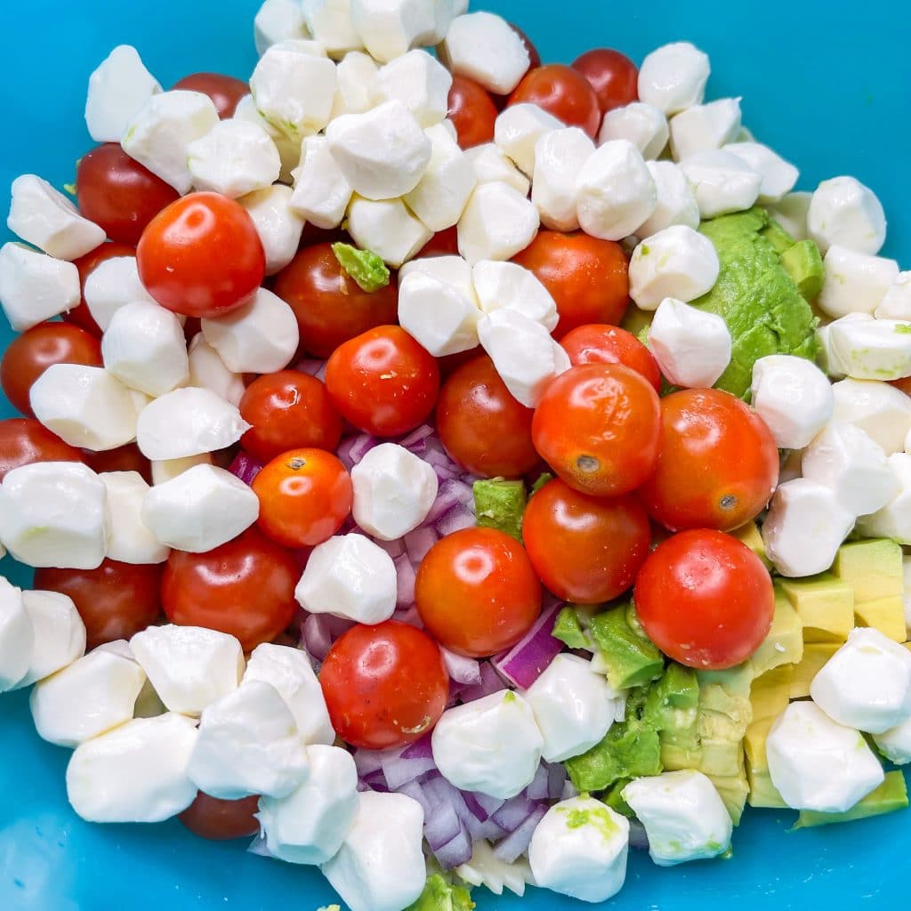 This pasta salad is one of my favorites! I really could eat it every day in the summer. Tender pasta, juicy tomatoes, fresh mozzarella, zesty red onion, and basil are coated in a creamy avocado vinaigrette. This pasta salad has all the flavors of summer.