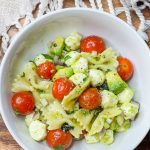 This pasta salad is one of my favorites! I really could eat it every day in the summer. Tender pasta, juicy tomatoes, fresh mozzarella, zesty red onion, and basil are coated in a creamy avocado vinaigrette. This pasta salad has all the flavors of summer.