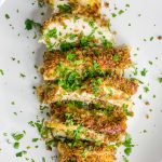 Hasselback chicken is so easy to make, but it looks so fancy! It's chicken breast cut hasselback style, then stuffed with the perfect pairing of gouda cheese and sliced gala apples. But it doesn't stop there! The chicken is topped with a panko breadcrumb mixture and when baked gives the chicken a nice crunch in every bite.