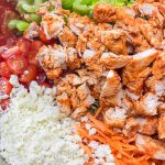 Buffalo Chicken Pasta Salad is spicy and cool with a creamy buffalo ranch sauce mixed with crunchy carrots and celery with a bite of blue cheese. Perfect for any summer occasion.