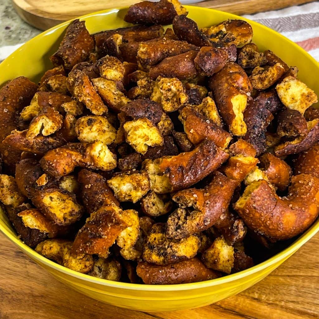 If you love the Dot's brand pretzels, you will love these Seasoned Baked Pretzels made easily at home. Just a few simple seasonings like lemon pepper, cayenne, garlic powder, and ranch added to sourdough pretzels take the pretzels from ho hum to over the top scrumptious.