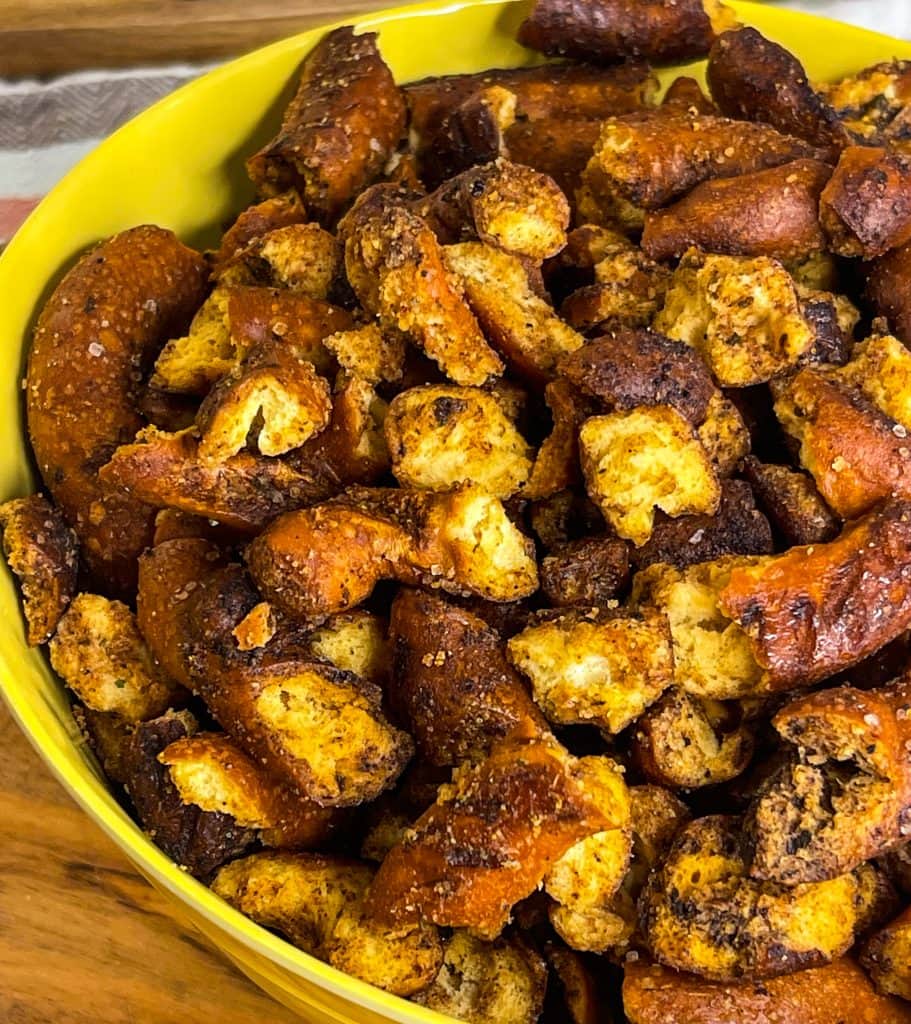 If you love the Dot's brand pretzels, you will love these Seasoned Baked Pretzels made easily at home. Just a few simple seasonings like lemon pepper, cayenne, garlic powder, and ranch added to sourdough pretzels take the pretzels from ho hum to over the top scrumptious.