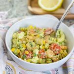 This quick and easy Creamy Shrimp Pasta Salad, with shrimp, veggies, pasta, and an avocado dressing, is the perfect pairing for any occasion.