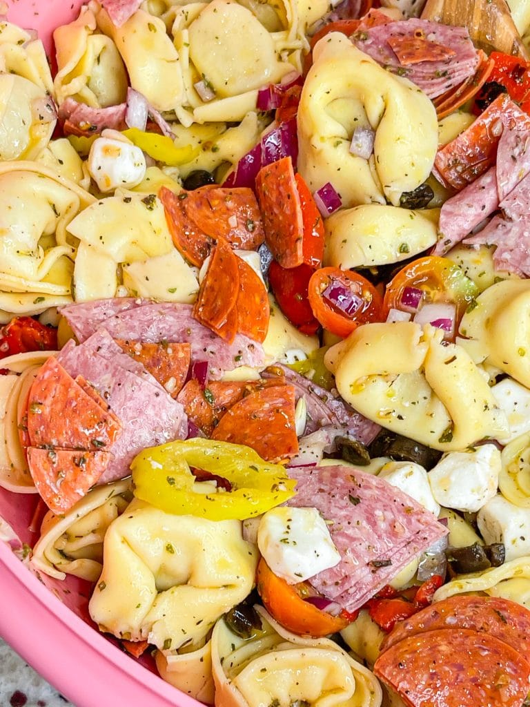 Love Italian subs? You will absolutely LOVE this Italian Sub Pasta Salad made with Italian meats, mozzarella cheese, tortellini, and veggies in an Italian vinaigrette. This pasta salad will make you the star of any get-together.