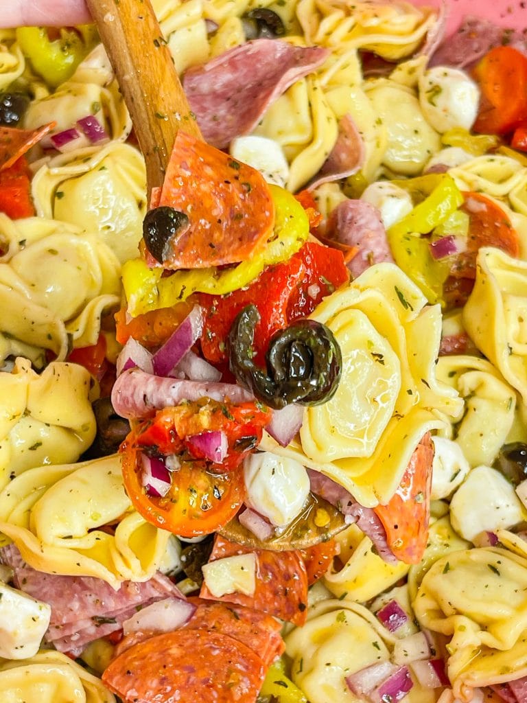 Love Italian subs? You will absolutely LOVE this Italian Sub Pasta Salad made with Italian meats, mozzarella cheese, tortellini, and veggies in an Italian vinaigrette. This pasta salad will make you the star of any get-together.