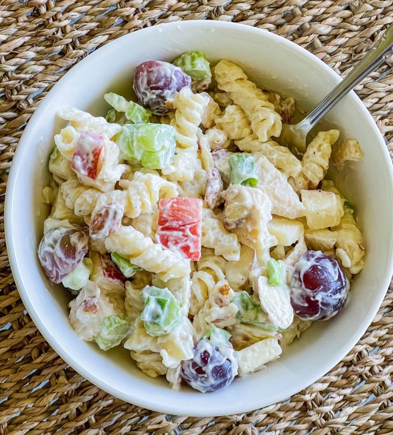 If you love the classic Waldorf Salad, you'll love this Waldorf Pasta Salad version made with chicken in a tangy and creamy dressing, perfect for brunch, lunch or a potluck.