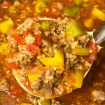 This Slow Cooker Stuffed Pepper Soup is a deconstructed stuffed pepper, hearty yet light, and easy to prepare with simple pantry ingredients, perfect for a comforting dinner or make ahead lunch.