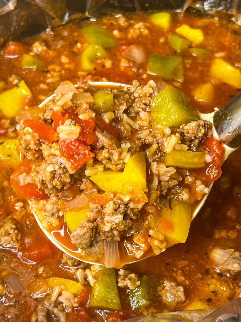 This Slow Cooker Stuffed Pepper Soup is a deconstructed stuffed pepper, hearty yet light, and easy to prepare with simple pantry ingredients, perfect for a comforting dinner or make ahead lunch.