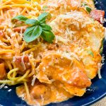 Crock Pot Tomato Basil Chicken a delicious and easy dinner with juicy chicken in a flavorful, creamy tomato based sauce. Serve alone for a low carb option or over pasta for a family friendly meal.