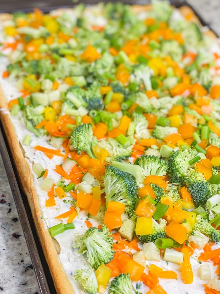 This Crescent Dough Veggie Pizza is the perfect appetizer for any occasion! It starts with a roll of crescent dough with seasoned cream cheese spread across the baked dough and topped with fresh vegetables. It's easy, flavorful, and a crowd pleaser!