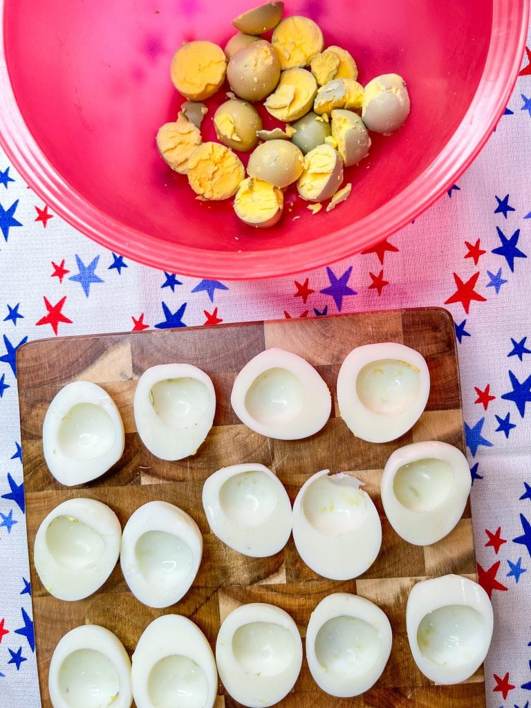 If you are making deviled eggs for your 4th of July party, make Red, White, and Blue Deviled Eggs!