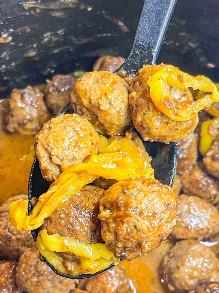 If you love the original Mississippi Pot Roast with ranch seasoning, au jus, and pepperoncini's, you will love this super simple meatball version using frozen meatballs for an easy weeknight shortcut.