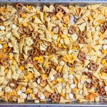 What's the most important thing to remember on a long road trip? The snacks, of course! This Road Trip Snack Mix is filled with all of the favorites; Goldfish crackers, oyster crackers, pretzels, and Bugles seasoned with ranch and spices. It's hard to put down, so it's a good thing this makes a lot!