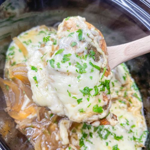 If you love French onion soup, you will love Crock Pot French Onion Chicken. Juicy chicken breast smothered in sweet vidalia onions and broth, covered in melty Swiss cheese. It's a dump-and-go dinner perfect for any night!