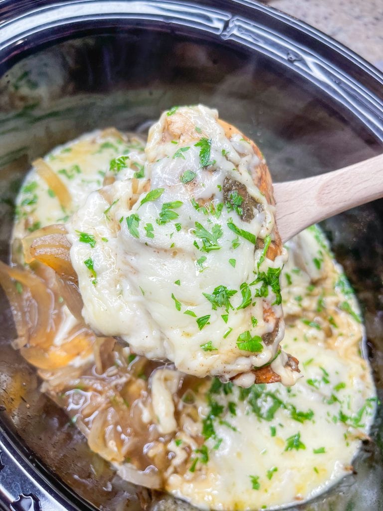 If you love French onion soup, you will love Crock Pot French Onion Chicken. Juicy chicken breast smothered in sweet vidalia onions and broth, covered in melty Swiss cheese. It's a dump-and-go dinner perfect for any night! 