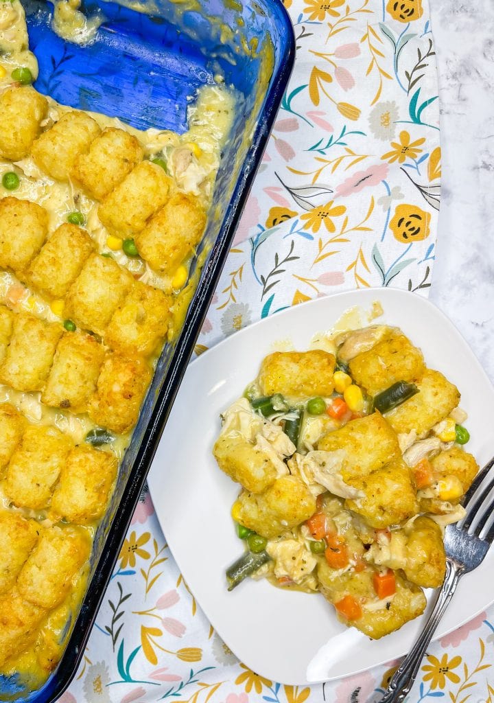 If you are craving comfort food, this is what you want to make. It's a one dish meal, just toss everything in your casserole dish, add frozen tots and bake it to perfection. I love this dinner on a busy weeknight, especially when everyone seems extra hungry because this chicken tot pie is filling and hits the spot.