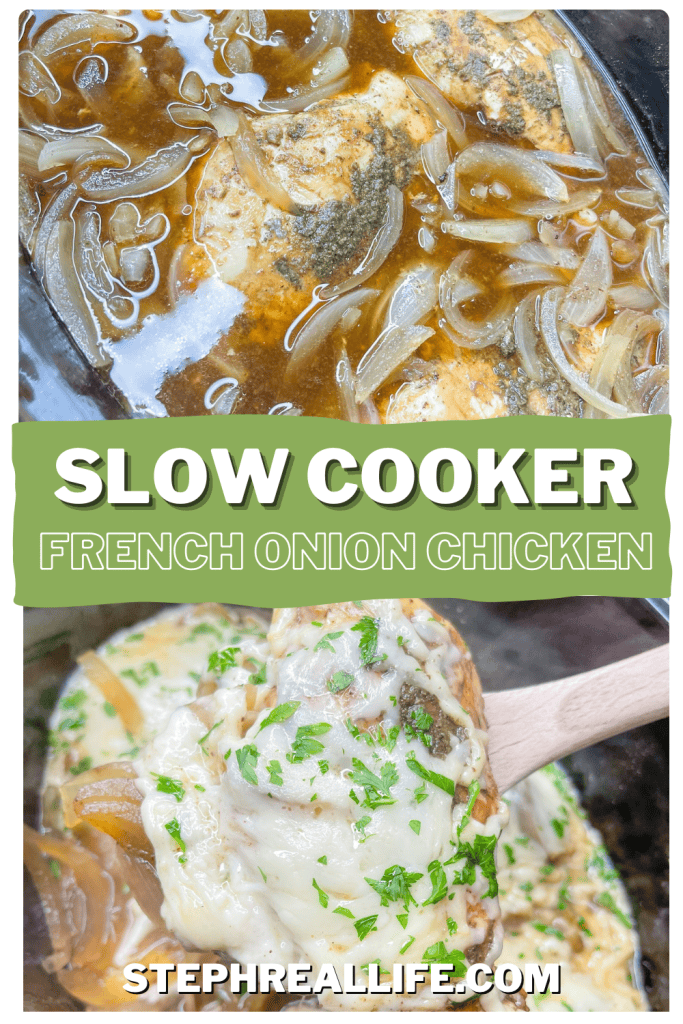 If you love French onion soup, you will love Crock Pot French Onion Chicken. Juicy chicken breast smothered in sweet vidalia onions and broth, covered in melty Swiss cheese. It's a dump-and-go dinner perfect for any night!