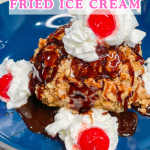 Air Fryer Fried Ice Cream is such a treat and easier to make than you might think. It's vanilla ice cream coated in cinnamon cereal and air fried so the inside is cool and creamy and the outside is crisp and crunchy. Top it with chocolate sauce and whipped cream and you have a dessert that is out of this world!