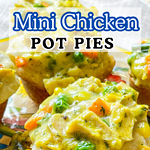 Mini Chicken Pot Pies are delicious little muffins, made with only 4 main ingredients: refrigerated biscuit dough, rotisserie chicken, frozen mixed vegetables, and cream of chicken soup. These delicious pies make a kid-friendly, quick, weeknight dinner!