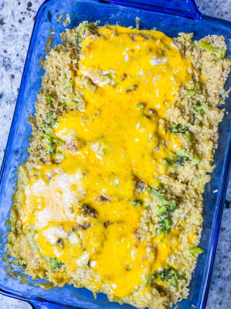 This one dish Cheddar Broccoli Casserole is a full meal in a pan with cheesy, creamy rice, broccoli florets, and juicy chicken. A weeknight staple.