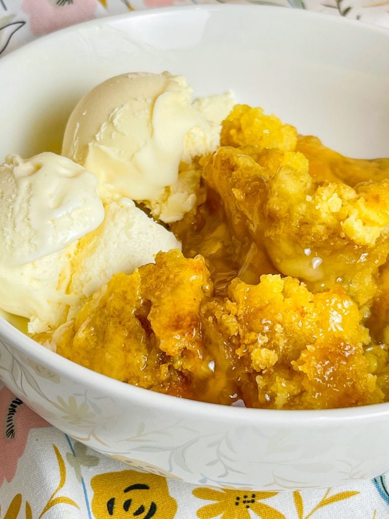 You'll love this Crock Pot Peach Cobbler because it's only 3 simple ingredients, it's the perfect dessert for any occasion, and it's a cinch to put together.

This crock pot peach cobbler is my go-to dessert for a potluck for family gathering when I'm short on time. It's only 3 ingredients! The ingredients are peach pie filling, yellow cake mix, and butter. That's it! It takes literally 5 minutes to prep, it's inexpensive to make and it feeds a lot of people.