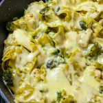 Chicken Broccoli Lasagna Skillet is a one pan dinner using chicken breast, frozen broccoli, heavy cream, chicken broth, and broken lasagna noodles. I always have a couple of noodles leftover when making lasagna and I never know what to do with them. Until now! This cheesy weeknight skillet dinner gets those random noodles out of your pantry and into a creamy, cheesy meal your family will love! If you don't have extra lasagna noodles, you can use any random noodles you have on hand.