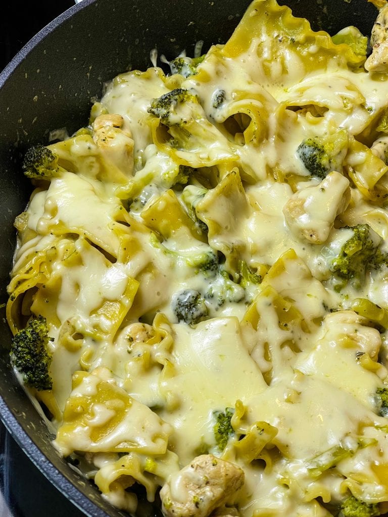 Chicken Broccoli Lasagna Skillet is a one pan dinner using chicken breast, frozen broccoli, heavy cream, chicken broth, and broken lasagna noodles. I always have a couple of noodles leftover when making lasagna and I never know what to do with them. Until now! This cheesy weeknight skillet dinner gets those random noodles out of your pantry and into a creamy, cheesy meal your family will love! If you don't have extra lasagna noodles, you can use any random noodles you have on hand.