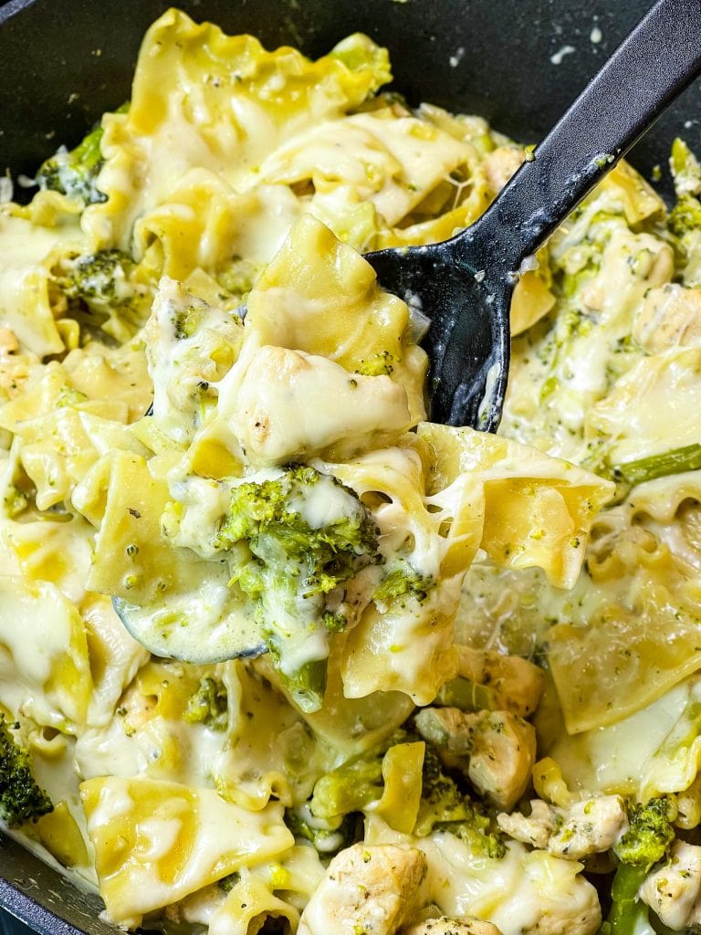 Chicken Broccoli Lasagna Skillet is a one pan dinner using chicken breast, frozen broccoli, heavy cream, chicken broth, and broken lasagna noodles.

I always have a couple of noodles leftover when making lasagna and I never know what to do with them. Until now! This cheesy weeknight skillet dinner gets those random noodles out of your pantry and into a creamy, cheesy meal your family will love! If you don't have extra lasagna noodles, you can use any random noodles you have on hand.