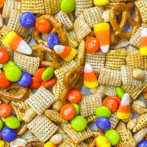 This sweet and salty Monster Mix is the perfect snack mix for the Halloween season. If you are a fan of a sweet and salty combo, then this snack mix is for you! It combines salty peanuts, pretzels and cereal with sweet M&Ms and candy corn in a brown sugar maple glaze. It's perfect for any Halloween or fall gathering.