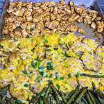 This easy Sheet Pan Ranch Chicken dinner is a weeknight lifesaver! Juicy chicken, tender baby potatoes, and crisp-tender green beans are tossed in flavorful ranch seasoning and roasted together on one pan.