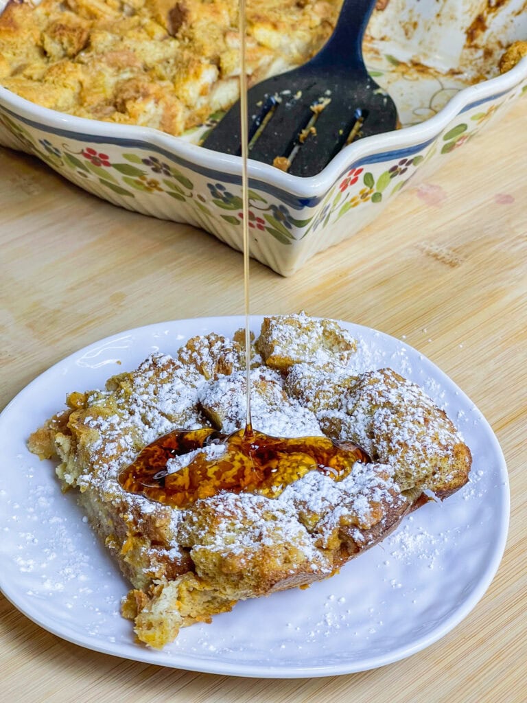 Do you have leftover pumpkin pie from Thanksgiving dinner? Turn it into a delicious leftover Pumpkin Pie French Toast Casserole for breakfast the next morning!