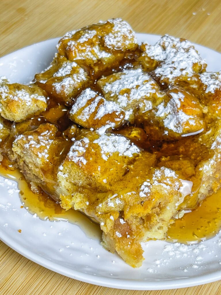 Do you have leftover pumpkin pie from Thanksgiving dinner? Turn it into a delicious leftover Pumpkin Pie French Toast Casserole for breakfast the next morning!