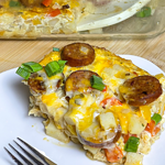 This Andouille Sausage Breakfast Casserole is flavor packed with savory smoked andouille sausage, tender hashbrown potatoes, fluffy eggs, vibrant bell peppers, and gooey melted cheese. Baked to golden perfection, this casserole is the ultimate crowd-pleaser for brunches and holiday mornings!