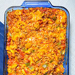 This casserole is well rounded with a carb (brown or white rice), protein (ground turkey or lean ground beef), and your vegetables (onions, bell peppers, and canned diced tomatoes).