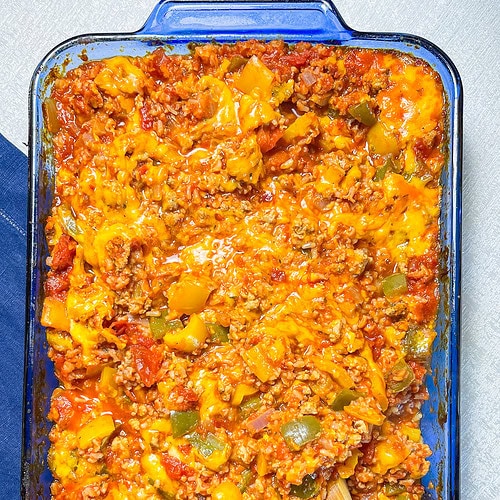 This casserole is well rounded with a carb (brown or white rice), protein (ground turkey or lean ground beef), and your vegetables (onions, bell peppers, and canned diced tomatoes).