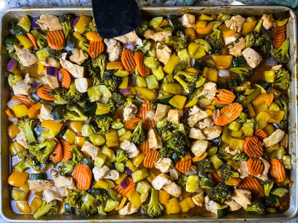 Sheet Pan Teriyaki Chicken with vegetables is a delicious, one-pan meal that combines tender, juicy chicken with colorful veggies, all coated in savory teriyaki sauce.