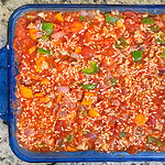 This casserole is well rounded with a carb (brown or white rice), protein (ground turkey or lean ground beef), and your vegetables (onions, bell peppers, and canned diced tomatoes).